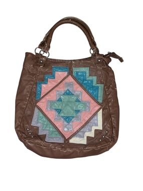 Brown Leather Tote with Aztec Patchwork